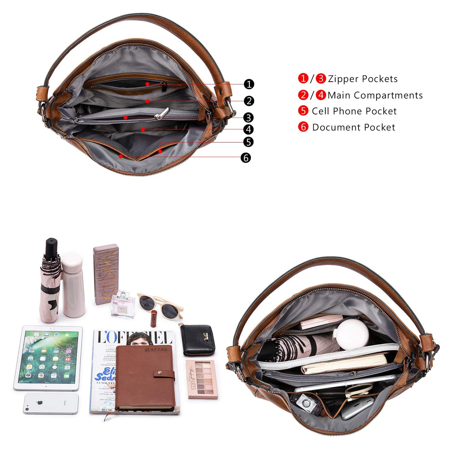 Realer Women Handbags Fashion Hobo Bags Faux Leather Long Strap Shoulder Bag Ladies Large Tote Bag Cross body Bag for Work Business School College Travel Brown