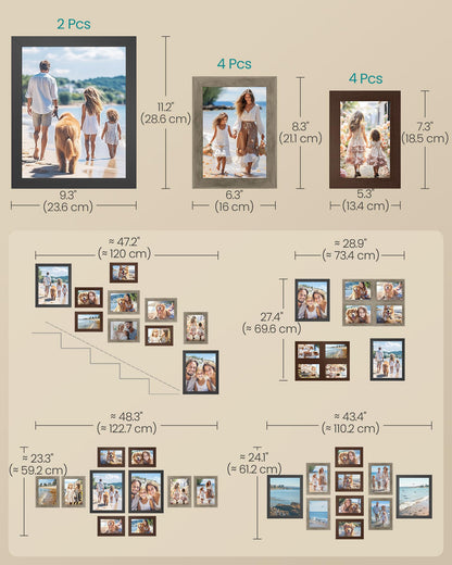 SONGMICS Picture Frames, Collage Picture Frames Set of 10, Two 8x10, Four 5x7, Four 4x6, Photo Frame for Wall Gallery Decor, Table Display, Glass, Maroon Brown, Heather Greige, Ash Black URPF010K03