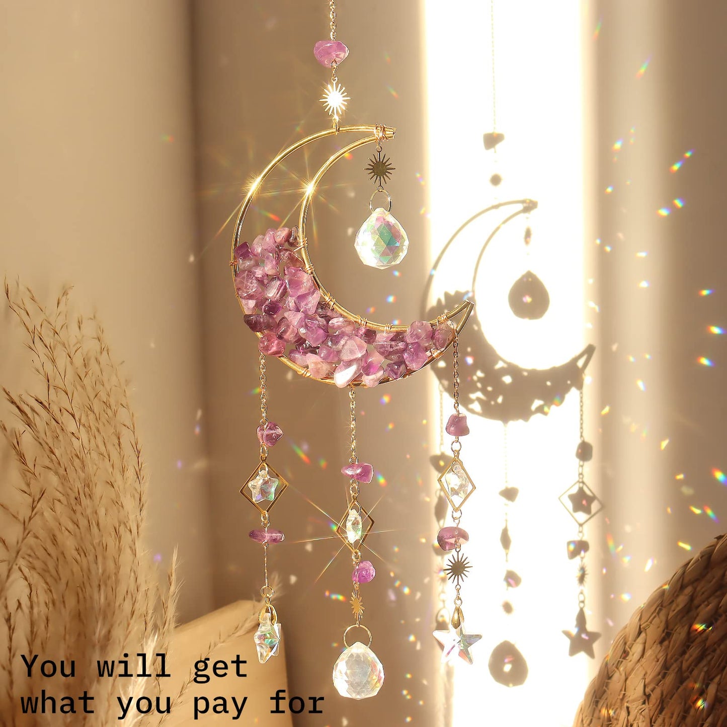 Amethyst Crystals Suncatcher - Hanging Moon Sun Catcher with Glass Prisms for Windows, Healing Amethyst Crystal Decor for Home, Gift for Christmas Birthday Valentine Mothers Day