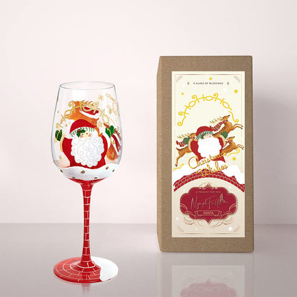 NymphFable Hand Painted Wine Glass 15oz Santa Claus Christmas Elk Deer Snowflake Xmas Christmas Gift for Family Friend（1 piece）