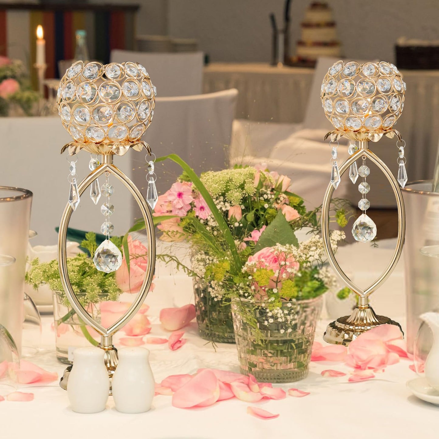 kehail 2 Pcs Gold Elegant Metal Crystal Tea Light Candle Holders with Bling Crystal Pendants, Hollow Design - Wedding Table Centerpieces for Anniversary Birthday Party, Home Decor