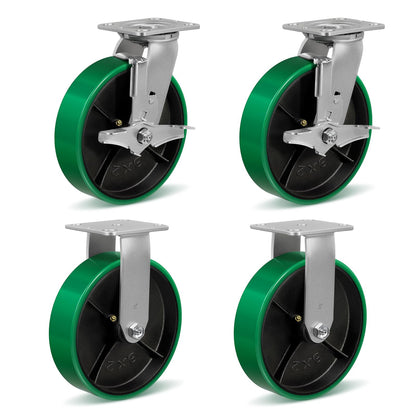 HANDSAMMU 8" Heavy Duty Casters, Casters Set of 4 Total Capacity 6000 lbs- Polyurethane on Steel Wheel, Industrial Casters for Carts Pallet Trucks(2 Brake & 2 Rigid)