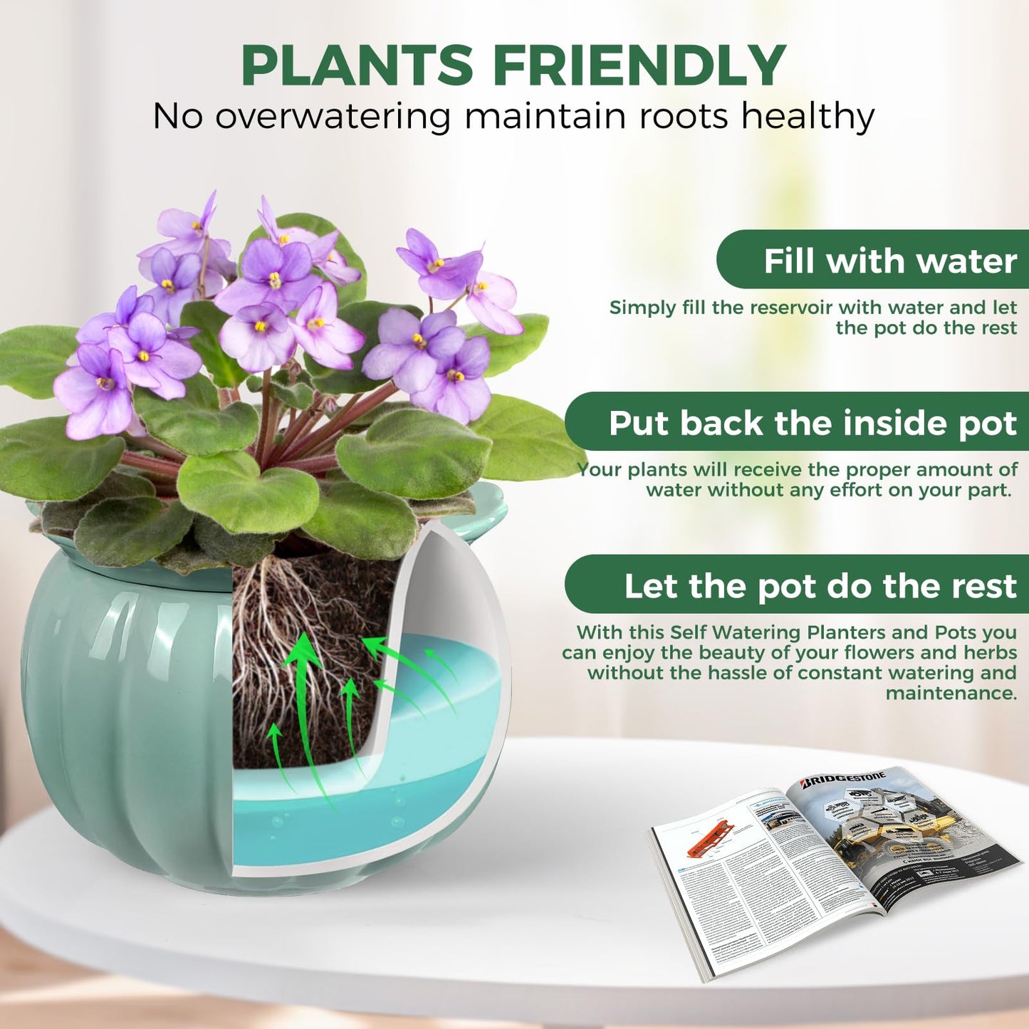 BUYMAX African Violet Pots, 6 inch Pumpkin-Style Ceramic Easy Self Watering Plant Pot for Busy Plant Lovers, Automatically Absorb Appropriate Amount of Water, Flower Pot Indoor-Plants Not Included