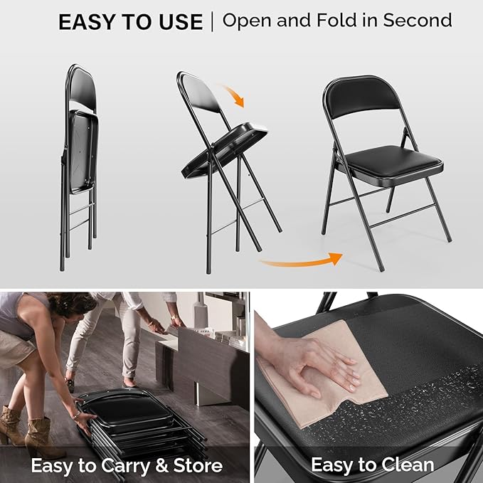 VINGLI 4 Pack Folding Chairs with Padded Seats, Metal Frame with Pu Leather Seat & Back, Capacity 350 lbs, Set of 4, Black