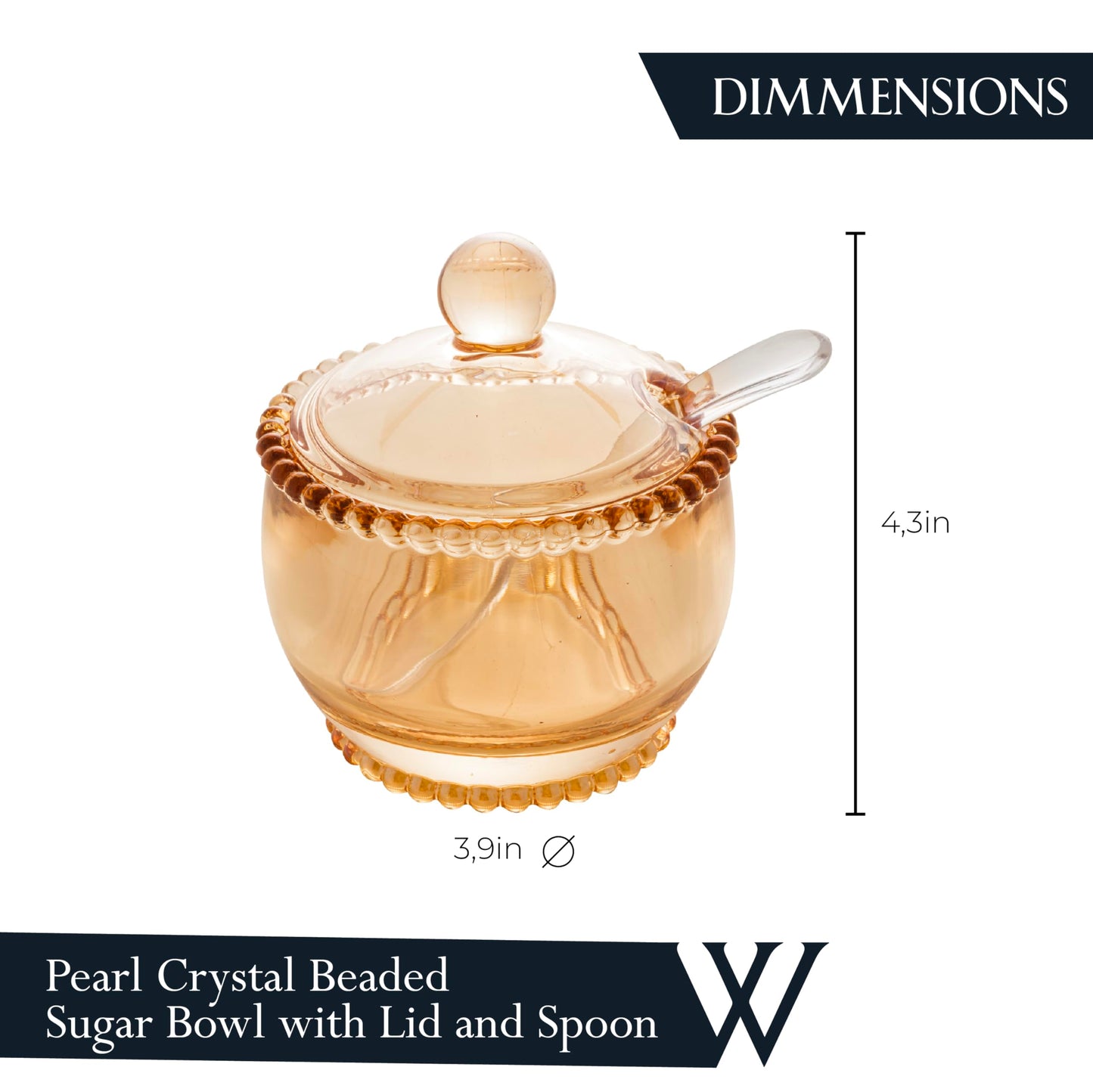 WOLFF - Pearl Crystal Beaded Sugar Bowl with Lid and Spoon - Sugar Holder, Dish for Candy Dispenser, Salt, Condiments and Spices, Jelly Jar (Amber, Sugar Bowl)