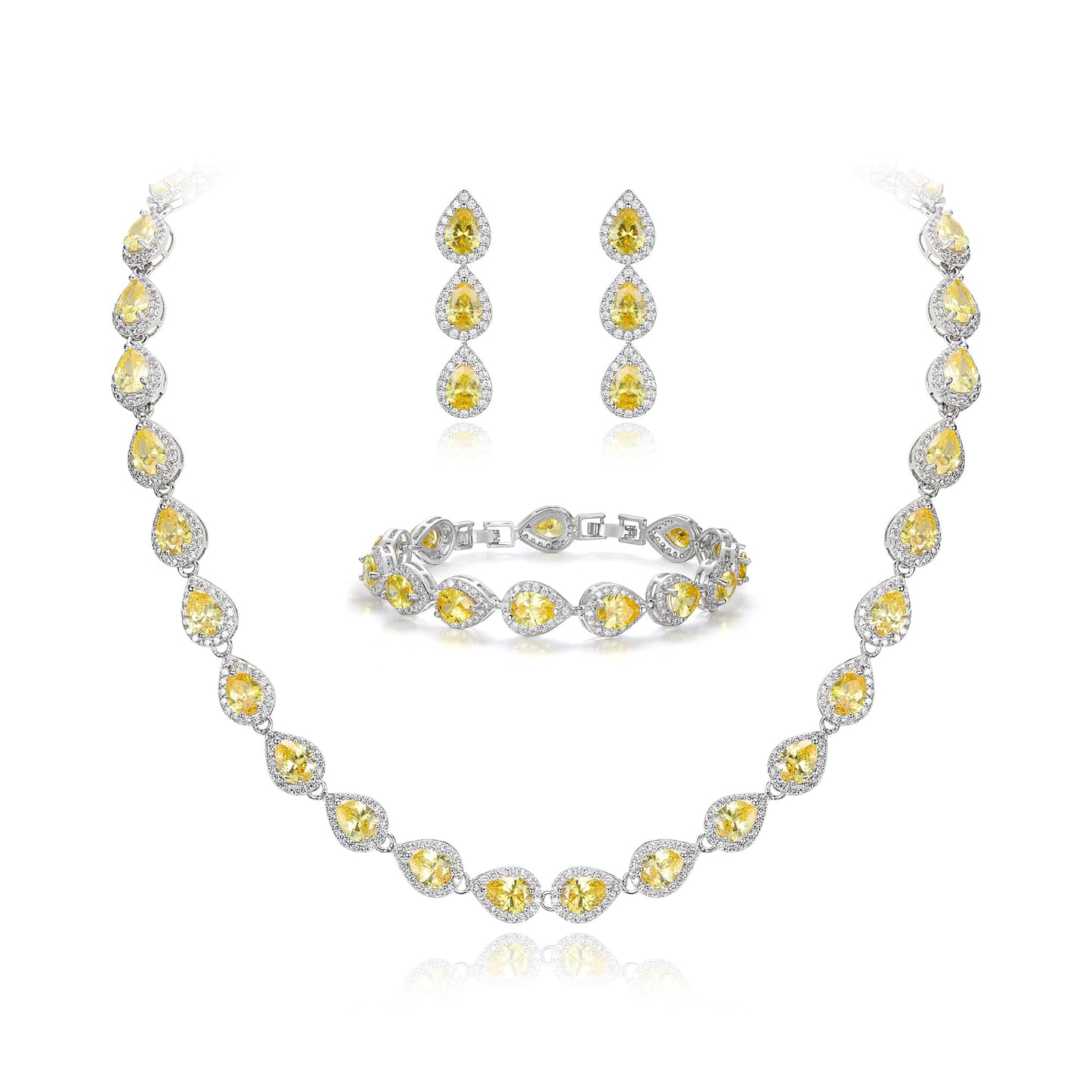 EVER FAITH CZ November Birthstone Elegant Tear Drop Necklace Earrings Bracelet Set Yellow Citrine-Color