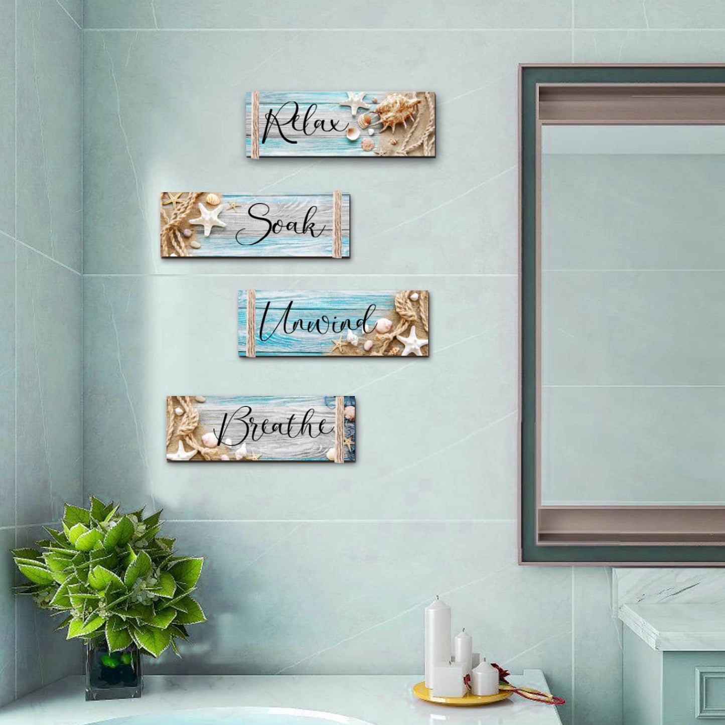 POILKMNI 4 PCS Ocean Beach Wood Relax Soak Unwind Breathe Art Sign Hanging Wooden for Decor Living Room Laundry Spa Washroom