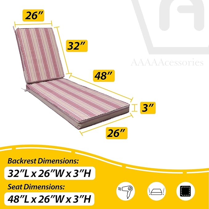 AAAAAcessories Outdoor Chaise Lounge Cushions, Fade-Resistant, Waterproof Patio