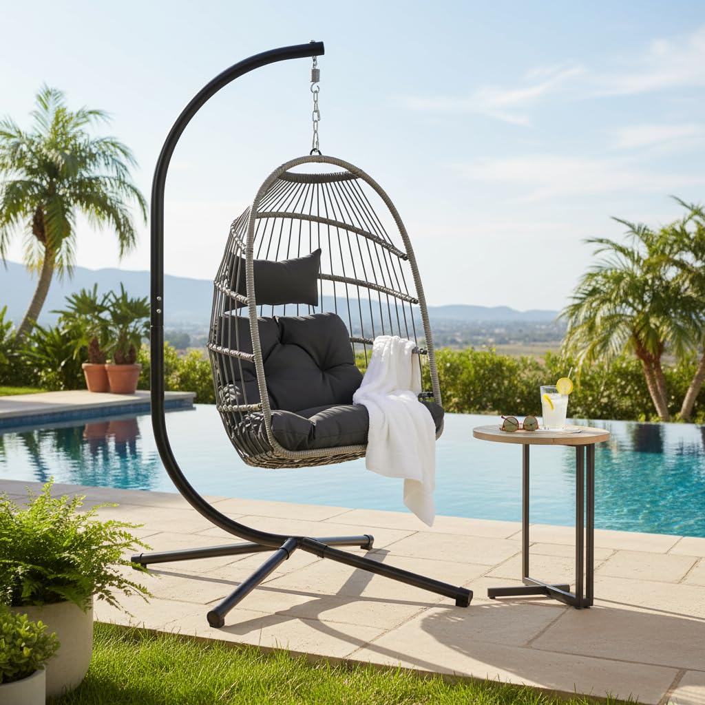 GDFStudio Outdoor Egg Hanging Chair with Stand, Patio Wicker Swing Egg Chair Indoor Outdoor Hammock Chair, 350 lbs Capacity, Black Gray