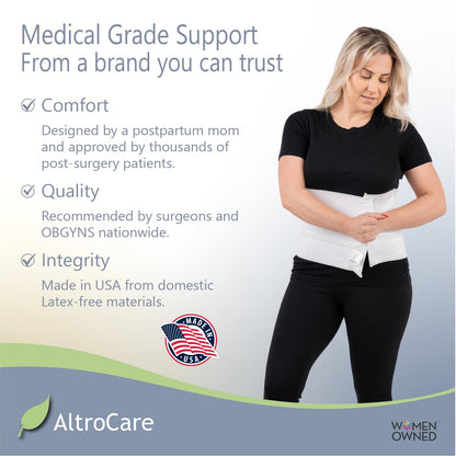 AltroCare Postpartum & Post Surgery Abdominal Binder. 3-Panel belly band for recovery after childbirth, hysterectomy, tummy tuck, hernia, diastasis recti. Size L/XL (45" to 60"). Made in USA.
