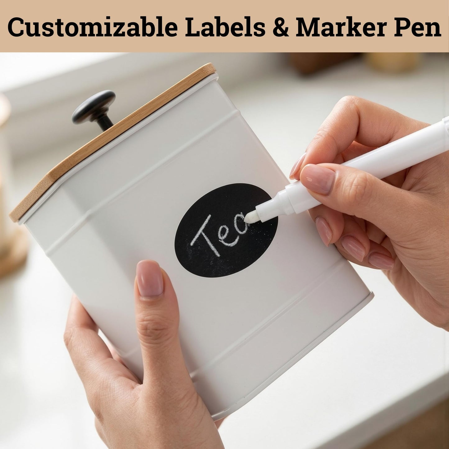 Kitchen Canisters for Countertop Set of 4 with Customizable Chalkboard Labels & Marker Pen - Big Iron Kitchen Canisters with Airtight Lids - Canisters Sets for the Kitchen - White Kitchen Canister Set