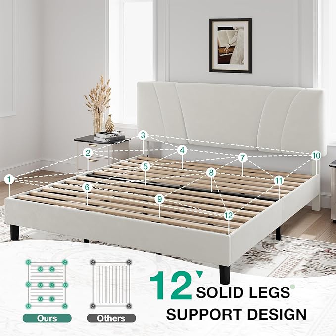 Novilla King Bed Frame and Headboard, King Bed Frame, Velvet Upholstered Bed
