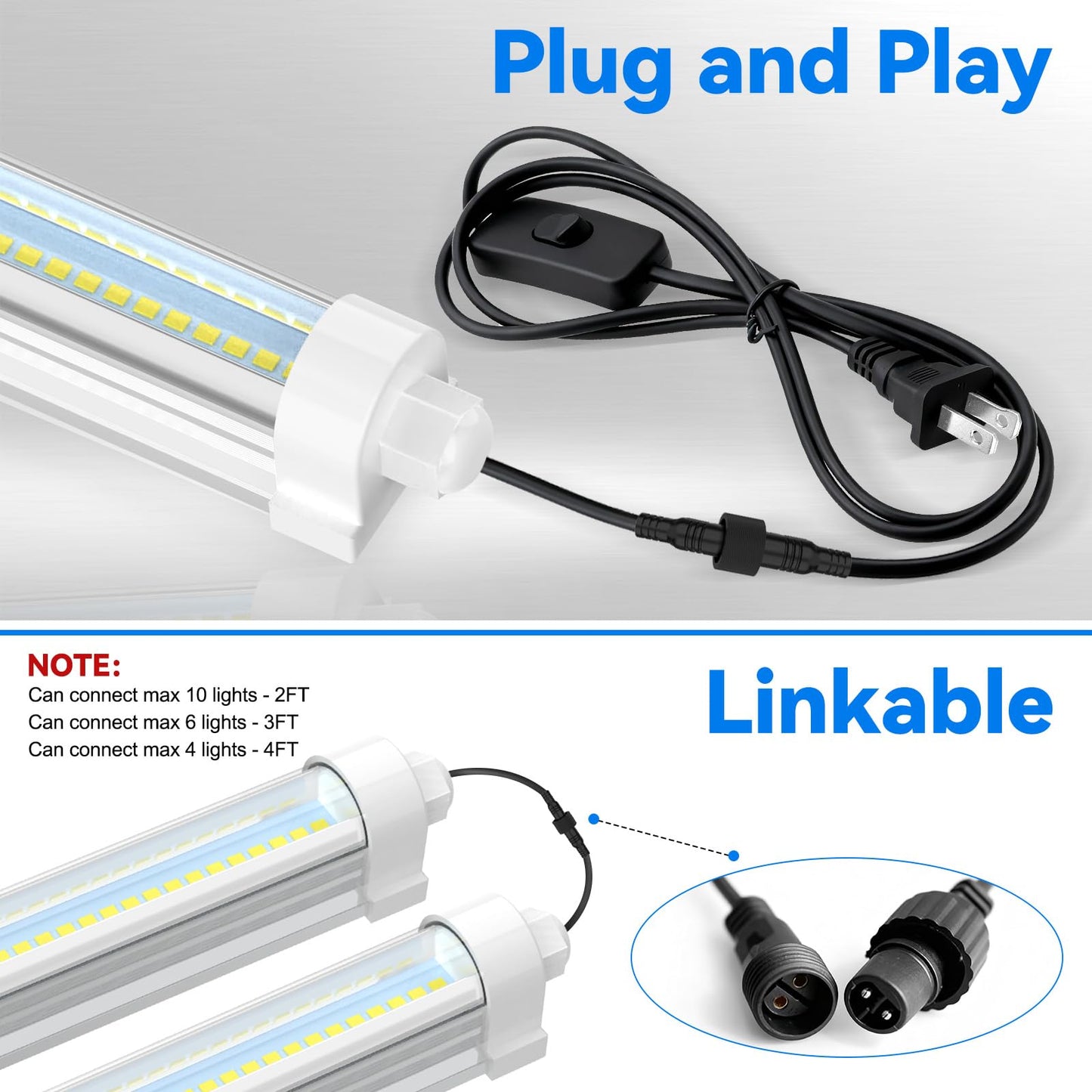 JESLED Waterproof Grow Lights for Indoor Plants, 2FT Sunlight Full Spectrum 5000K LED for Seed Starting, Seedling & Vegetables, 48W(2 X 24W,300W Equiv), Linkable Grow Light Strip with Switch, 2P