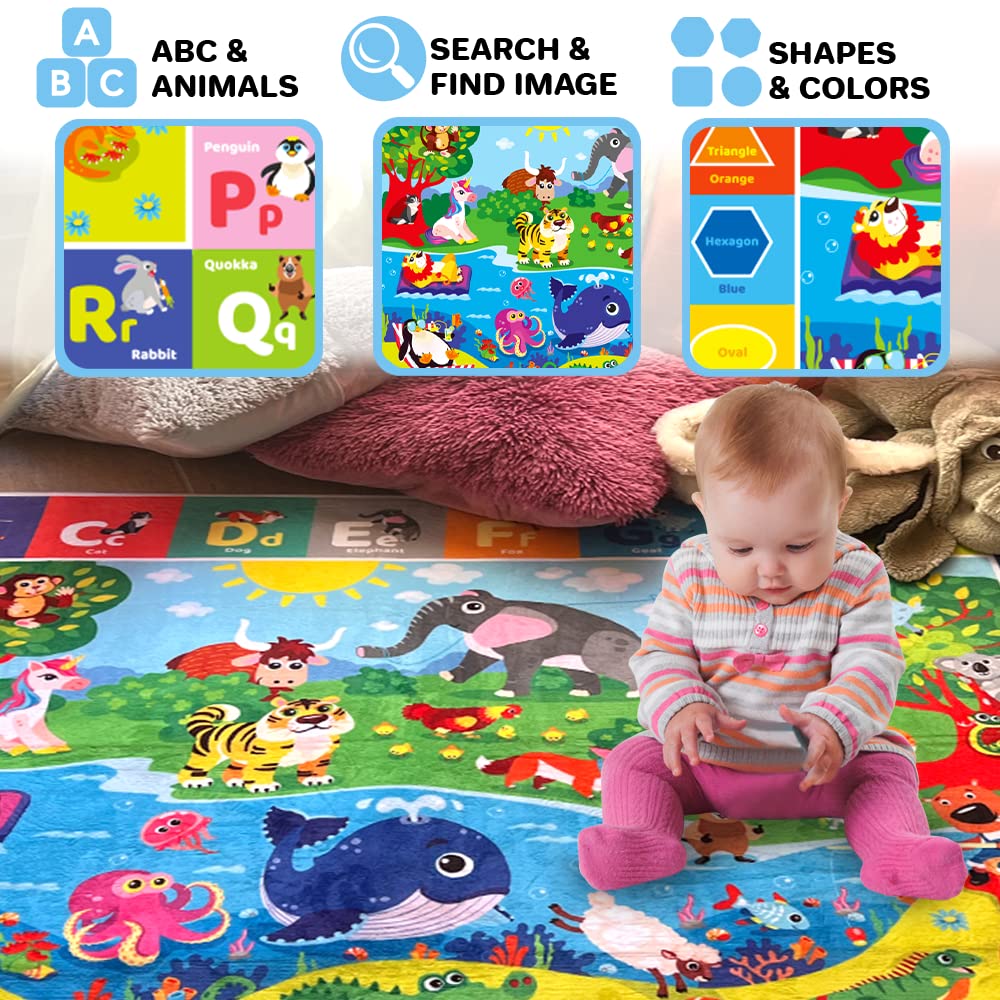 QUOKKA Baby Play Mat For Floor - 112x150 cm ABC Rug For Kids - Extra Thick (0.8cm) - Non-Slip Padded Nursery Mat for Crawling & Fun - Toddlers & Infants Foldable Gift Rug