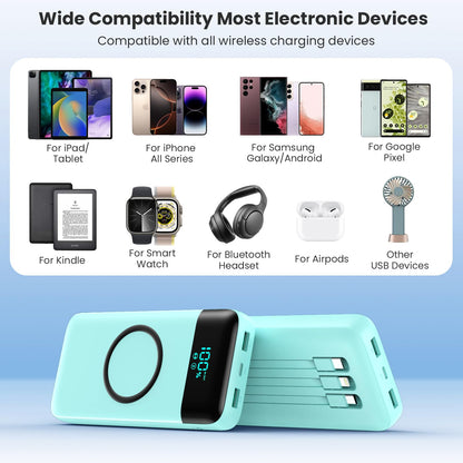 Wireless Portable Charger 40800mAh with 3 Built-in Cables,7-in-1 15W Wireless Charging Power Bank,25W PD QC 4.0 Fast Charging USB C LCD Display Battery Pack for iPhone 17/16/15/13,Samsung,Android etc