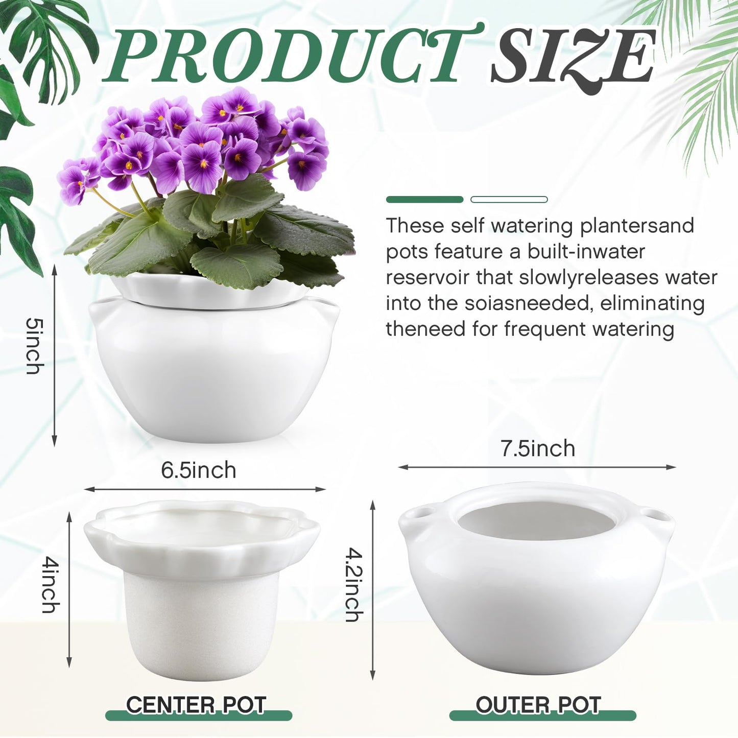 Sunnychicc 1 Set 7.5 Inches African Violet Pots Self Watering White Ceramic Pot for Indoor Plants, Flowerpot with Highly Absorbent Inner Pot for Busy Plant Lovers, Plant Care