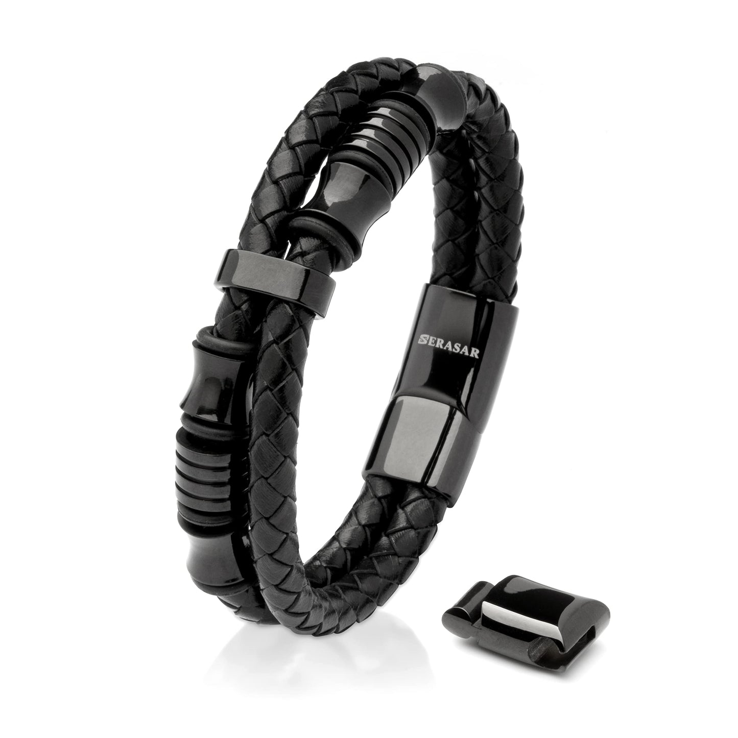 SERASAR 20cm Black Bracelet Mens GiftBox Genuine Leather Cowhide Braided AdjustAble Magnetic Clasp MultiLayer Wrap Jewellery Mans Male Bracelets Band Jewelry Magnet Accessories