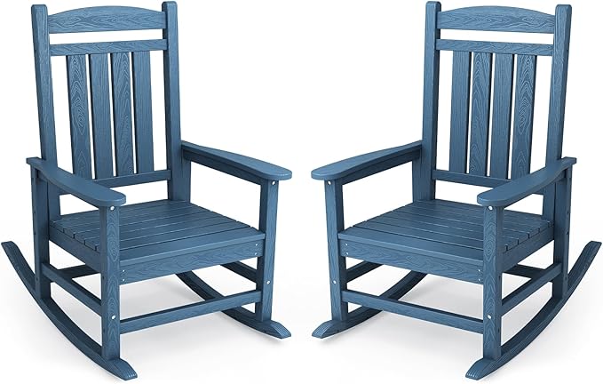 KINGYES Oversized Patio Rocking Chair Set of 2, High Density Polyethylene Outdoor Rocking Chairs with 330lbs Support for Adults, Navy