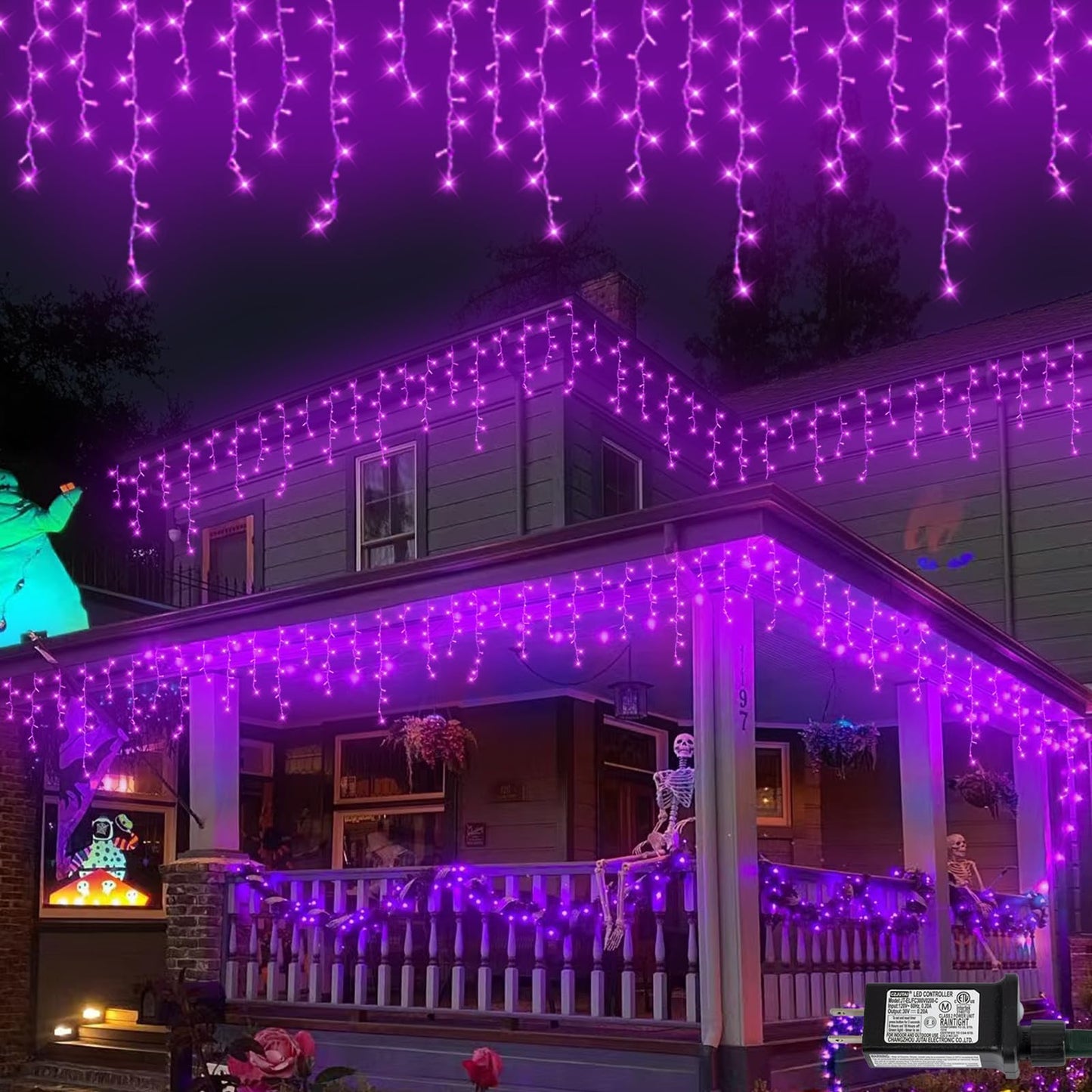 QITONG Purple Icicle Lights for Outside, 33ft 400 LED String Light Indoor Plug in, Clear Wire Connectable Icicle Christmas Lights with 8 Modes