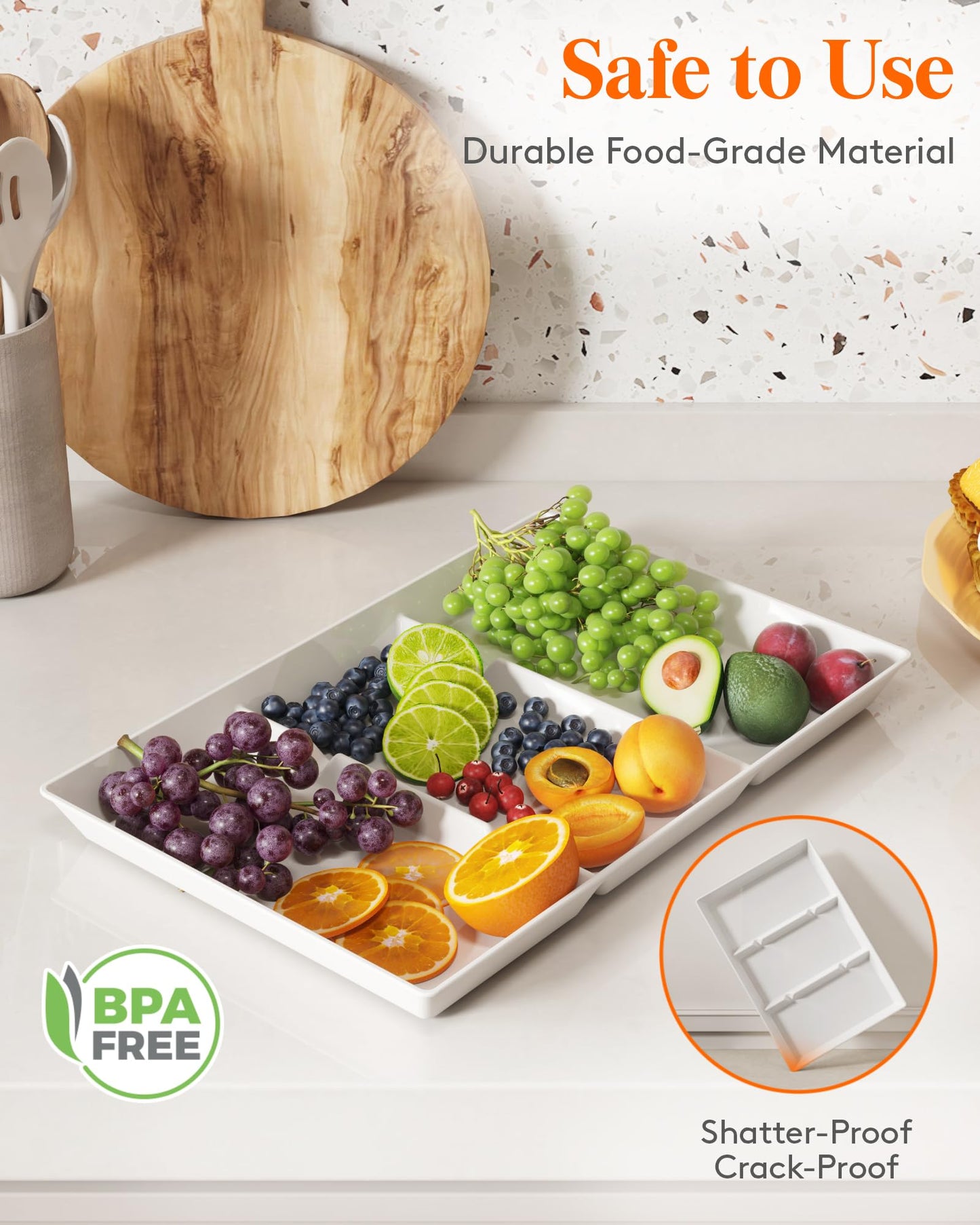 Lifewit Serving Tray Divided for Party Supplies, 8 PCS 15" x 10" Plastic Platters for Serving Food, White Reusable Tray for Veggie, Snack, Fruit, Cookies, Desserts in Kitchen/Pantry