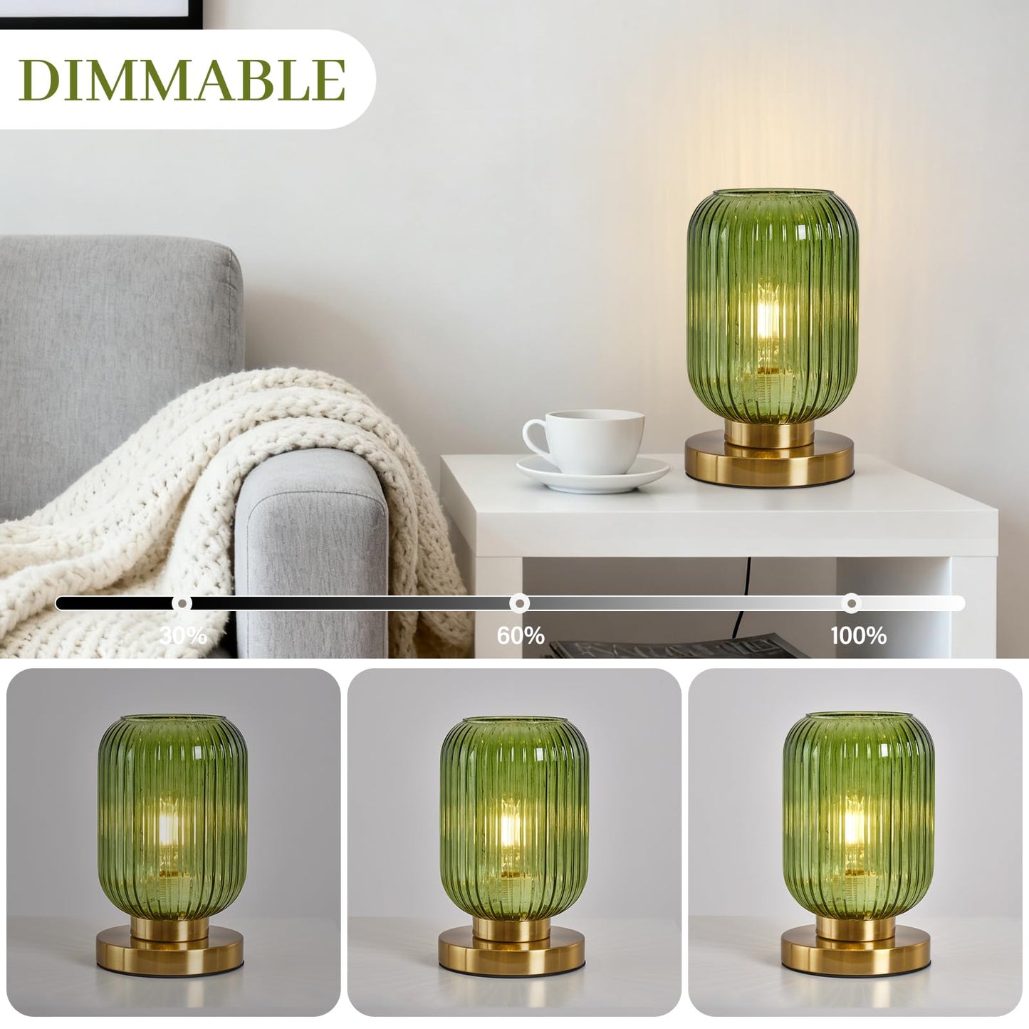 Mid Century Modern Table Lamp: Vintage Green Ribbed Glass Globe Dimmable Plug in Small Bedside Lamps - Cute Brass Gold Side Table Lamp Nightstand Light for Bedroom Entryway Office Desk Living Room