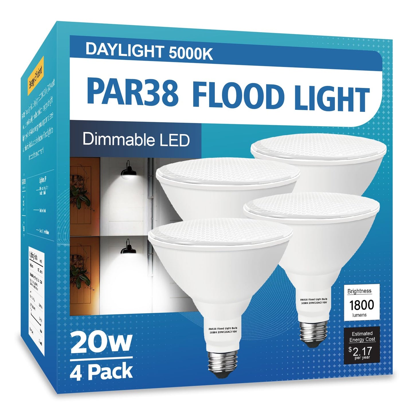 LOXYEE PAR38 LED Outdoor Flood Light Bulbs 4 Pack，Dimmable 20W(200W Equivalent) E26 Base Flood Light Bulbs,5000K Daylight 1800 Lumens LED Flood Light for Outdoor Garden,Garage,Yards