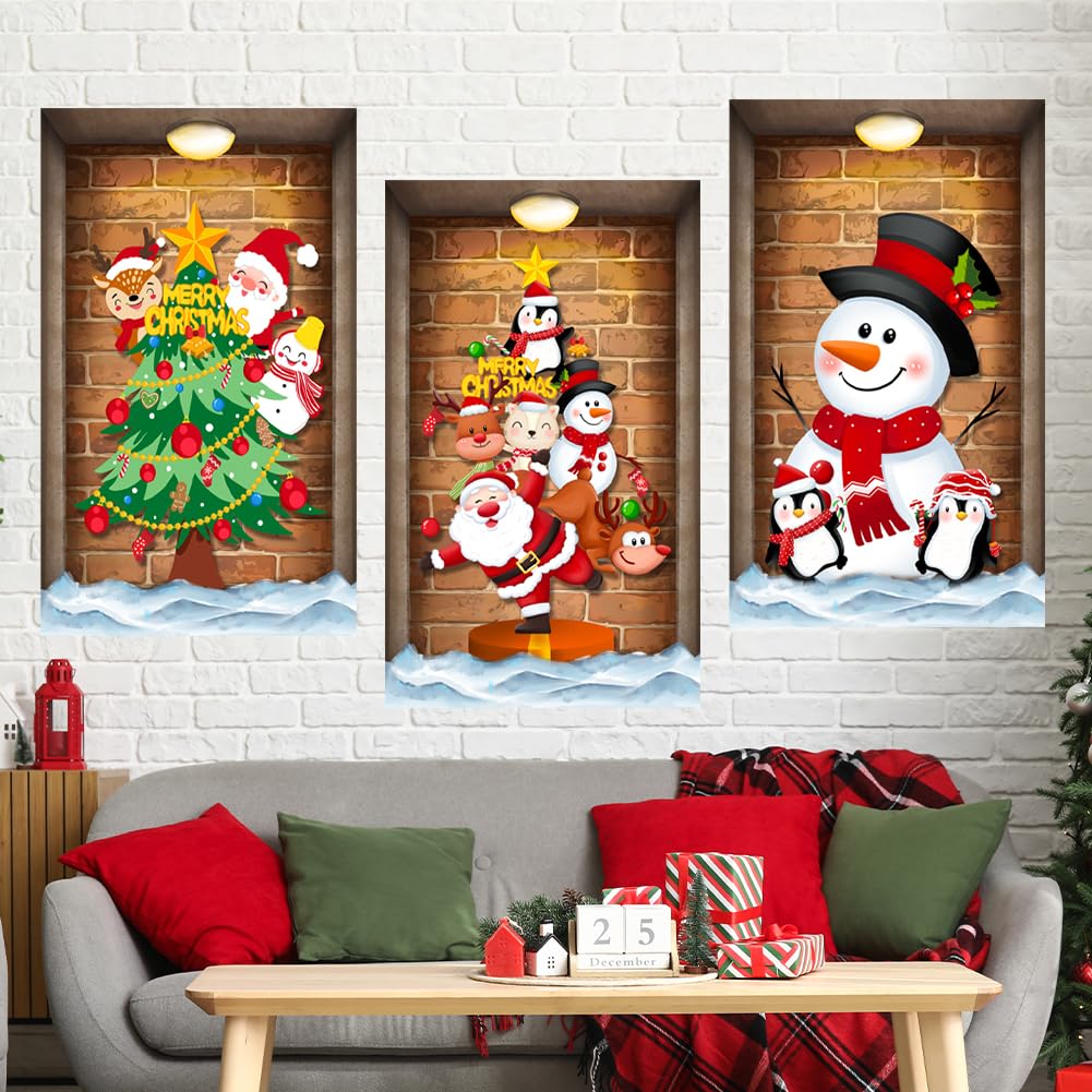 3 Pcs Christmas Wall Decals Christmas Tree Snowman Santa Claus Faux Closet Wall Stickers 3D Realistic Wall Art Mural for Xmas Holiday Festival Party Supplie