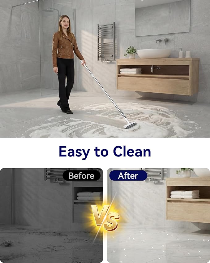 Small Floor Scrub Brush with Length Adjustable Long Handle, 3 in 1 Heavy-Duty