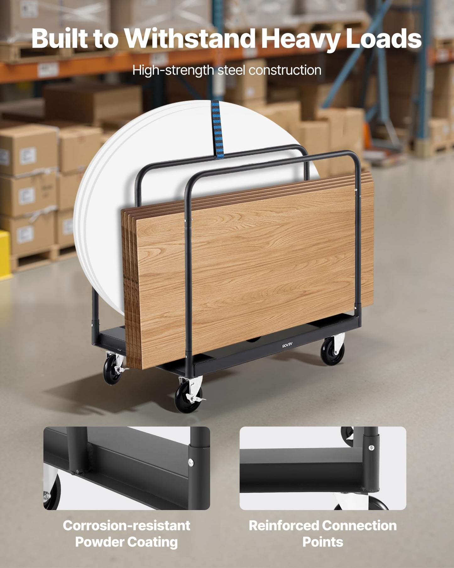 VEVOR Folding Table Cart, Heavy Duty Table Dolly 1800 lbs, Steel Panel Truck Cart with 5 inch Swivel Casters, Lumber Drywall Dolly with Straps for Party Events, Hotel, Factory, Warehouse