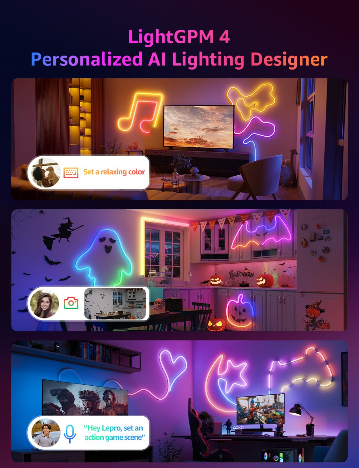 Lepro N1 AI Smart RGB Rope Lights for Christmas, Personalized AI Lighting Designer, LightBeats Music Sync, Color Segment DIY, Voice Control Via App, 9.84ft Wi-Fi & Bluetooth LED Strip Lights