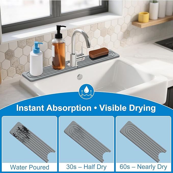 Faucet Mat for Kitchen Sink – 24"x4" Diatomite Stone Sink Splash Guard
