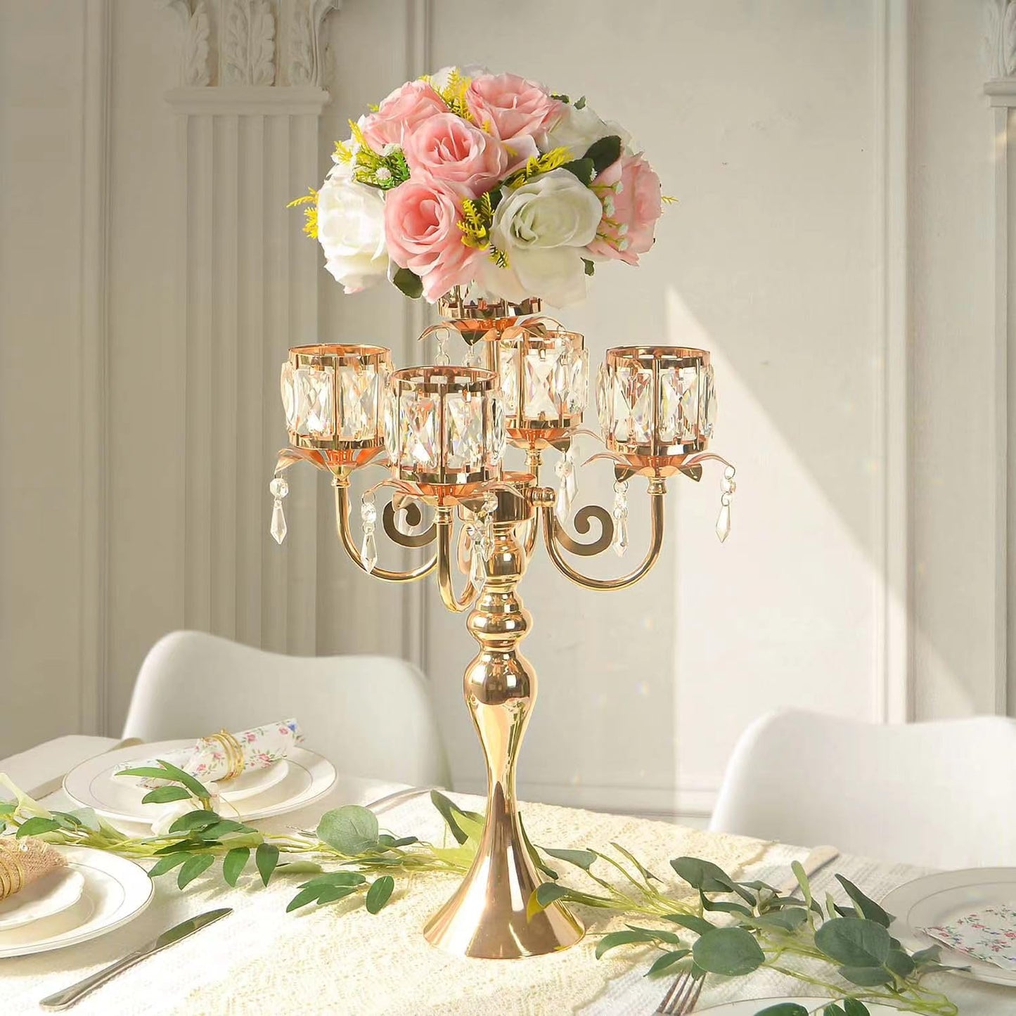 Kehail Gold 5 Arm Pendant Square Crystal Table Decor 22 inch Candle Holder, Classic and Elegant Table Centerpiece Atmosphere Candle Holders for Gift Wedding Party Home Decor