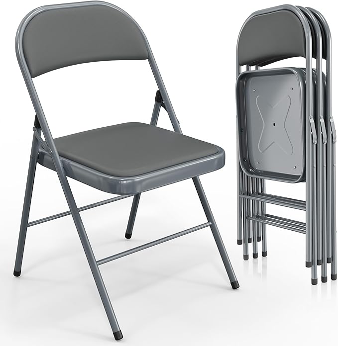 VINGLI 4 Pack Folding Chairs with Padded Seats, Metal Frame with Pu Leather Seat & Back, Capacity 350 lbs, Gray