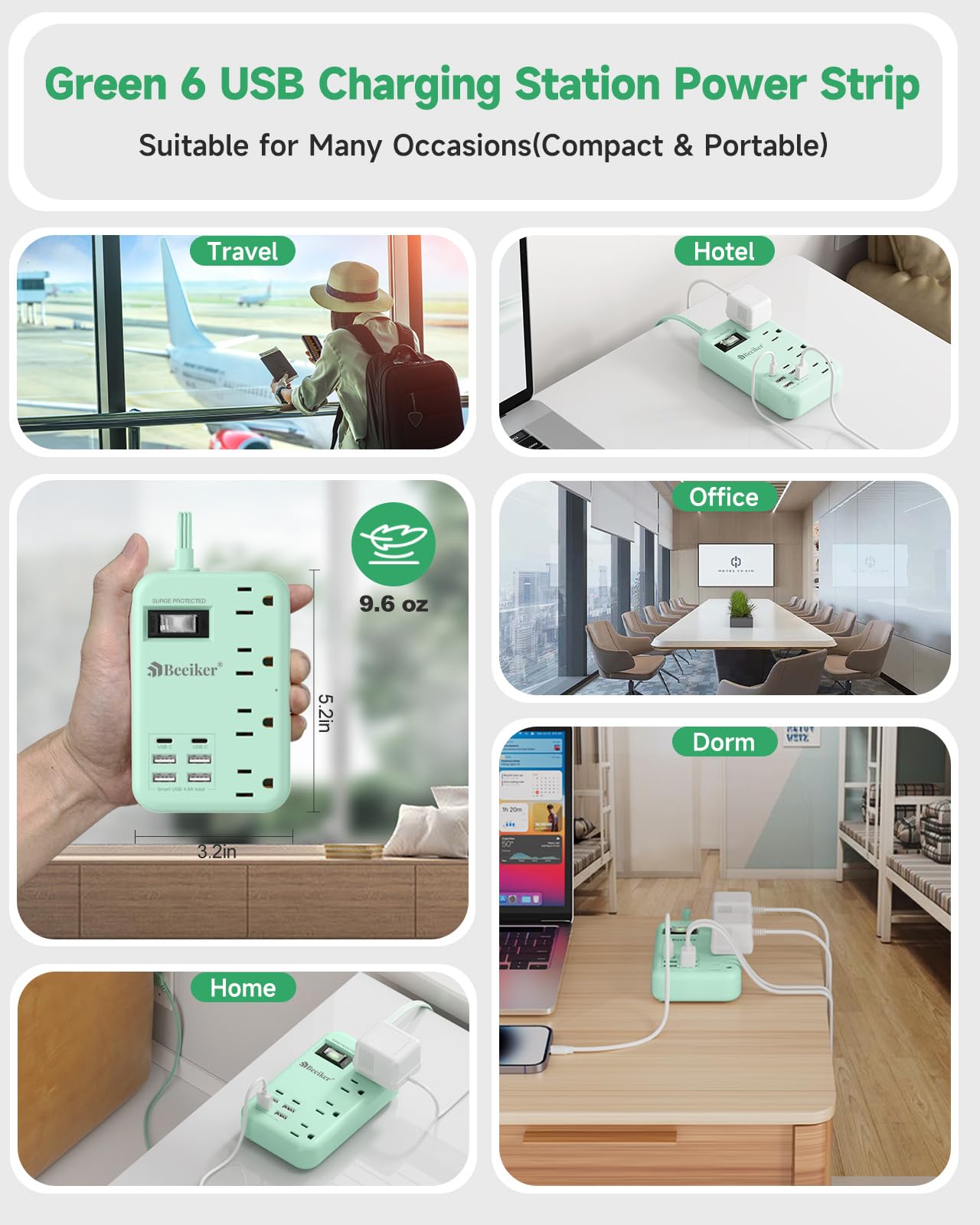 6 USB(2 USB C) Purple Travel Power Strip- 5Ft Lavender Extension Cord with 24W USB Charging Station and 4 Outlets, Purple Desk Accessories with Surge Protector for Cute Kawaii Office Dorm Room