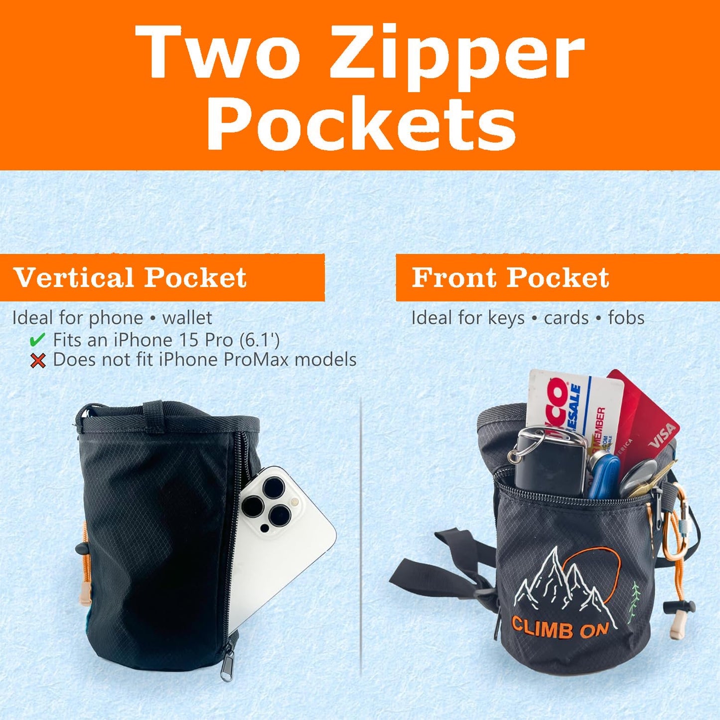 Chalk Bag + Ball for Rock Climbing, Bouldering, Top Rope | Climb On (Chalk Bag (Orange) + Refillable Ball)