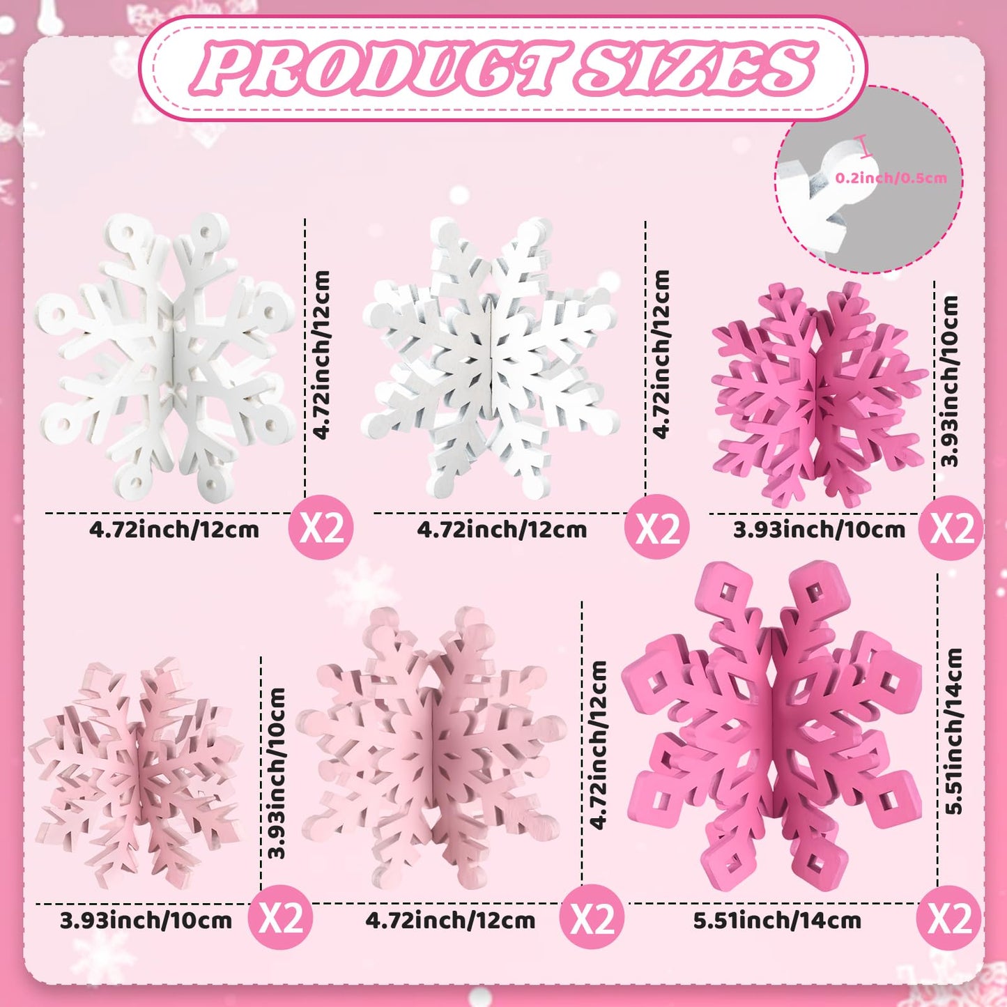 OuMuaMua 12 Set Snowflake Christmas Table Decorations - 24pcs Pink White Wooden 3D Snowflake Decor Tabletop Centerpieces for Christmas Party Supplies Home Decor