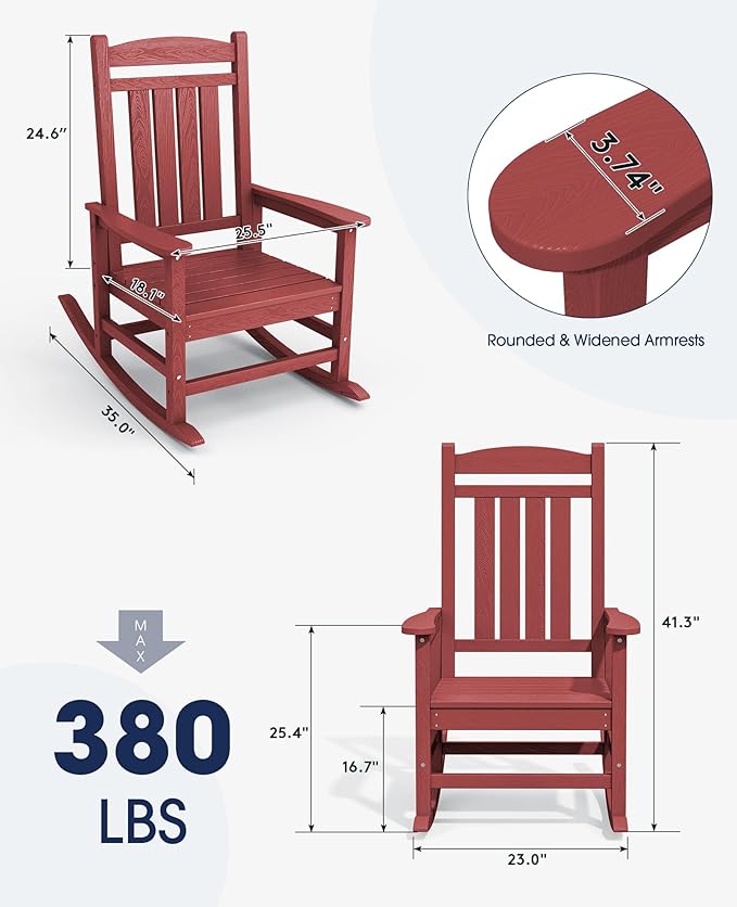 KINGYES Outdoor Rocking Chair, Weather Resistant Patio Rocking Chairs High Back Porch Rocker for Adult, Dark Red