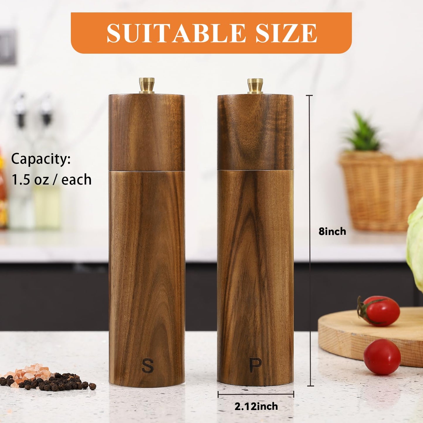Yvake Wooden Salt and Pepper Grinder Set,8 Inch Manual Salt and Pepper Mill, Adjustable Coarseness and Refillable,Acacia Wood Pepper Grinder for your kitchen[Set of 2]