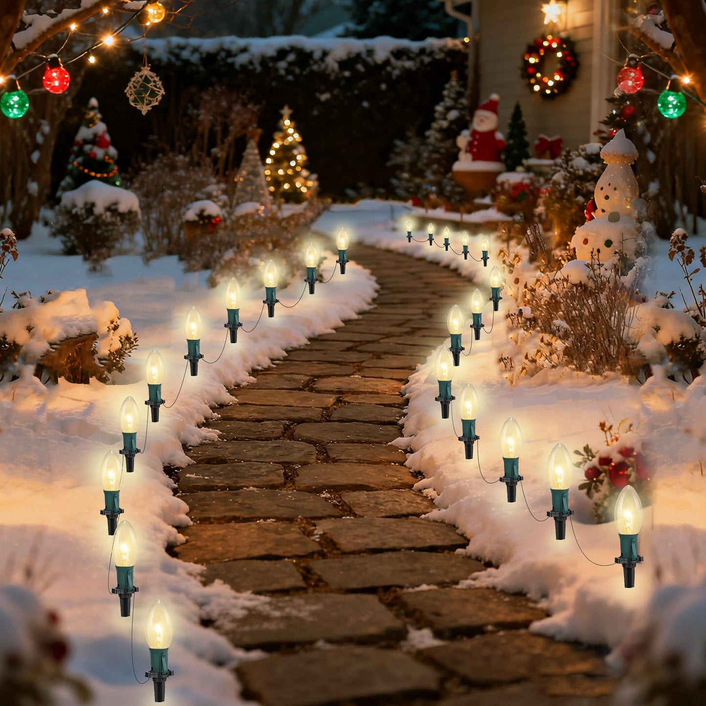 GOOTHY Christmas Pathway Lights Outdoor, 38Ft Outdoor Xmas Decorations String Lights with 25 C9 Warm White Christmas Pathway Stakes Lights for Walkway Yard Lawn Sidewalk Driveway Garden