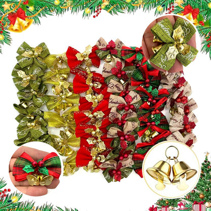Yxtwaeh 48 Pcs Christmas Mini Bows with Bells 2 Inch Christmas Tree Ribbon Bows with Bell Hanging Decorations for Tree Wreaths Gift Wrapping, 6 Styles