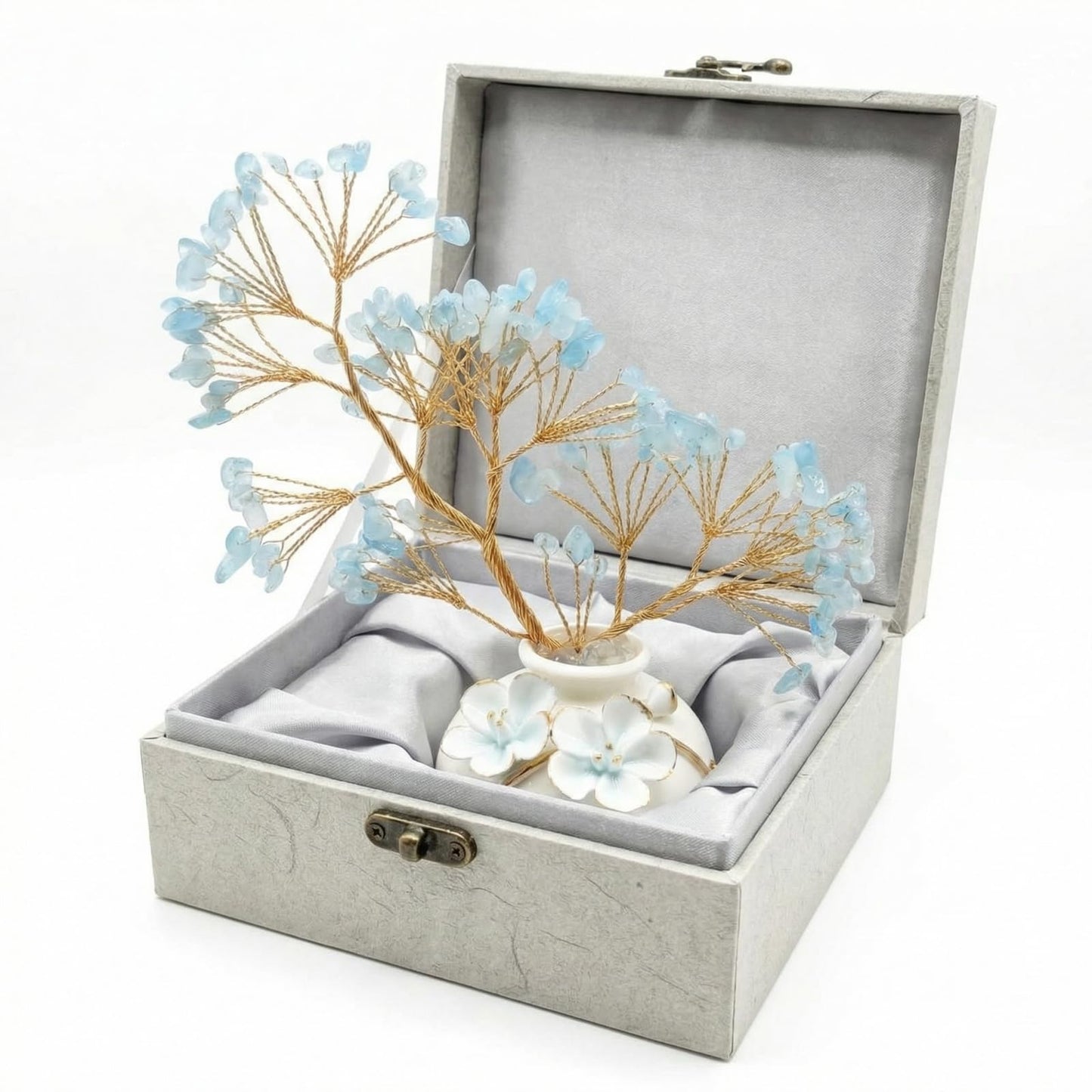 Aquamarine Crystal Tree of Life Decor, Large Chinoiserie Crystal Tree with Ceramic Vase and Gift Box, Blue Healing Money Feng Shui Tree Luck Reiki Balancing Energy Decoration for Women Men Gifts