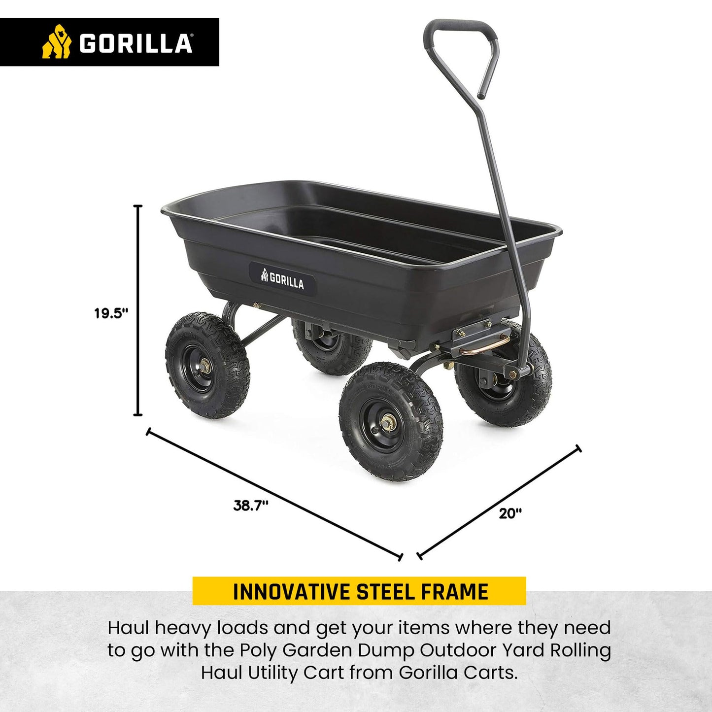 Gorilla Carts GOR4PS Poly Garden Dump Cart with Steel Frame and 10-in. Pneumatic Tires, Padded pull handle and Quick-release for easy unloading, 600-Pound Capacity, Black