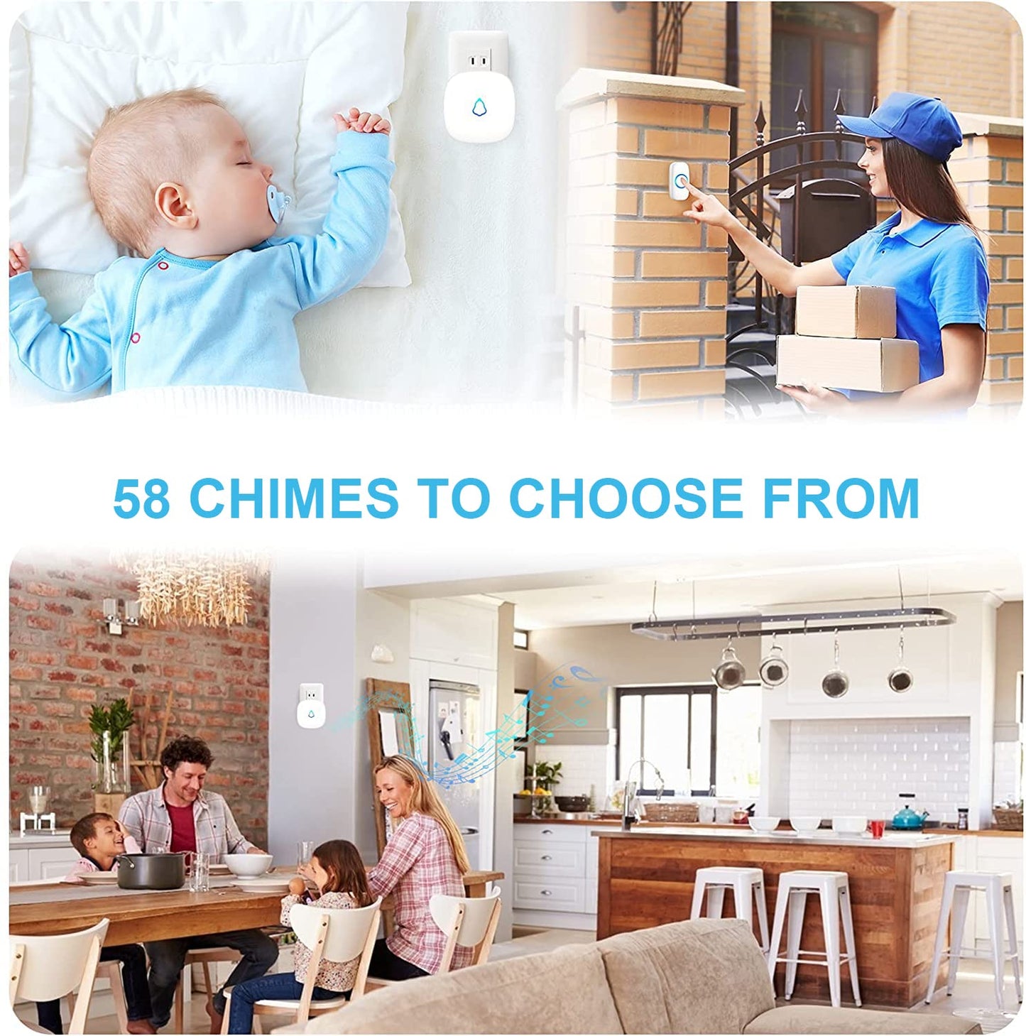SECRUI Wireless Doorbell, Easy installation, Waterproof, Adjustable Volume, 58 Chimes, Colorful LED, 1000Ft Range, M520+F55, Black