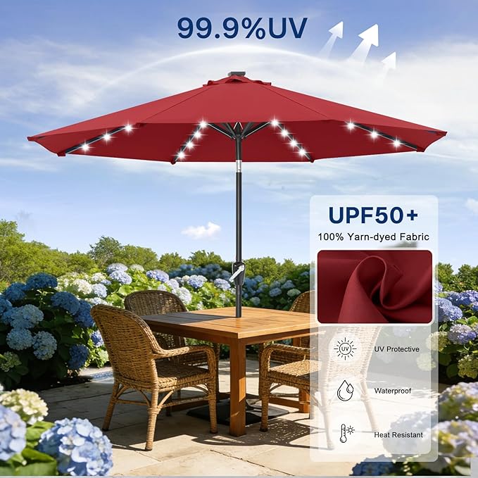 ABCCANOPY Durable Solar Led Patio Umbrellas with 32LED Lights 11FT (Wine Red)