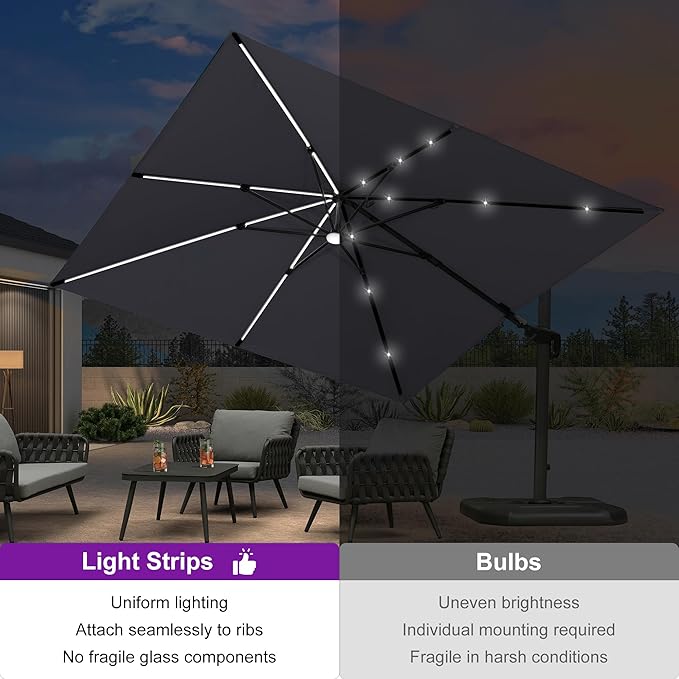 PURPLE LEAF 10 Feet Patio Umbrella with Base Outdoor Cantilever Solar Powered LED Swivel Square Umbrella Aluminum Offset Umbrella with 360-degree Rotation for Garden Deck Pool Patio Light Grey