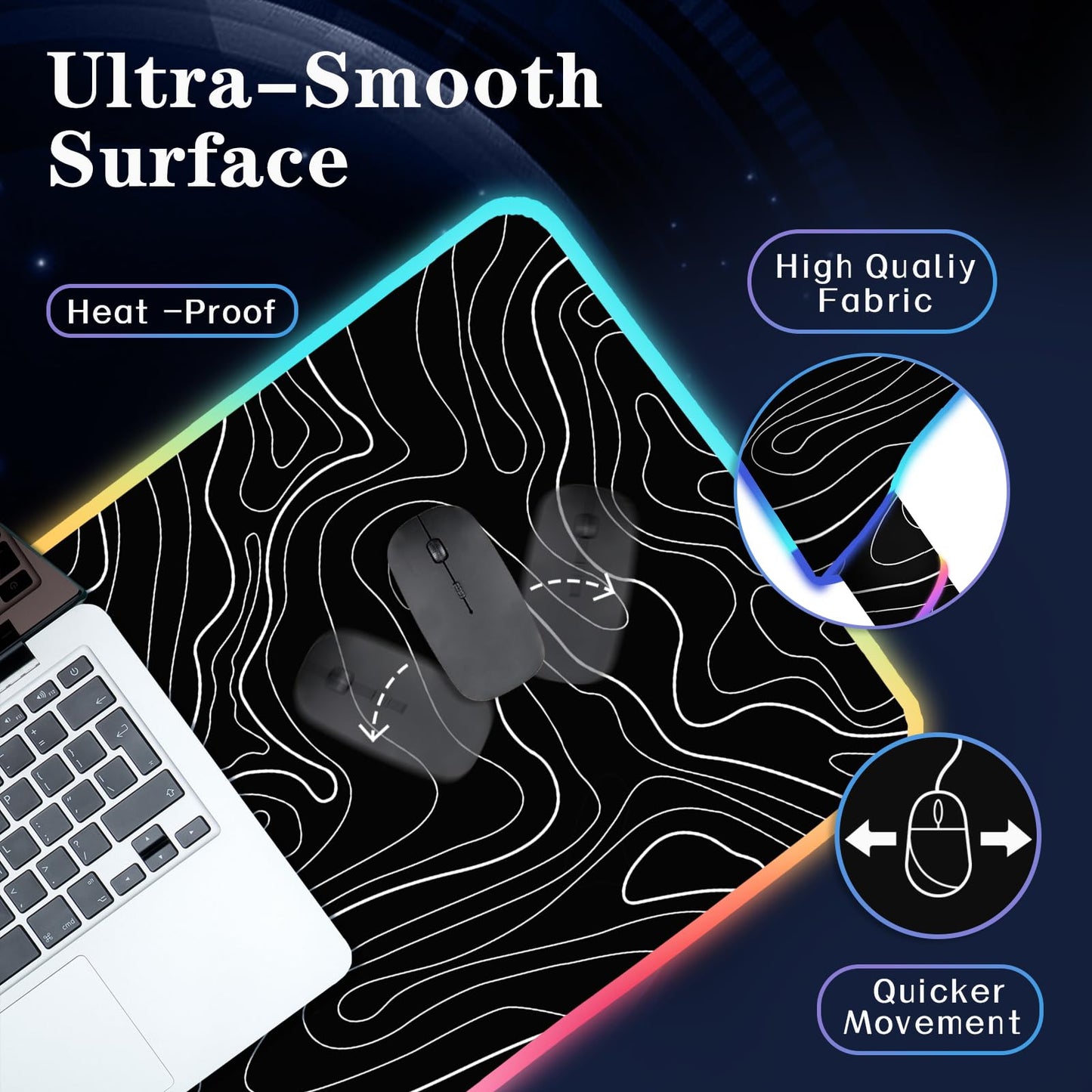 UJoowalk RGB Gaming Mouse Pad, Topographic Large, LED XL Keyboard and Mouse Pad, Desk Mat, 31.5 x 11.8 in, Black Minimalist Line Desk Pad