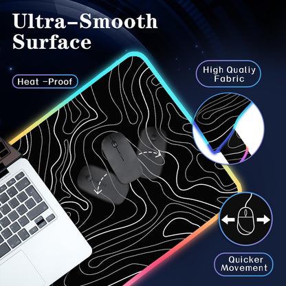 UJoowalk RGB Gaming Mouse Pad, Topographic Large, LED XL Keyboard and Mouse Pad, Desk Mat, 31.5 x 11.8 in, Black Minimalist Line Desk Pad