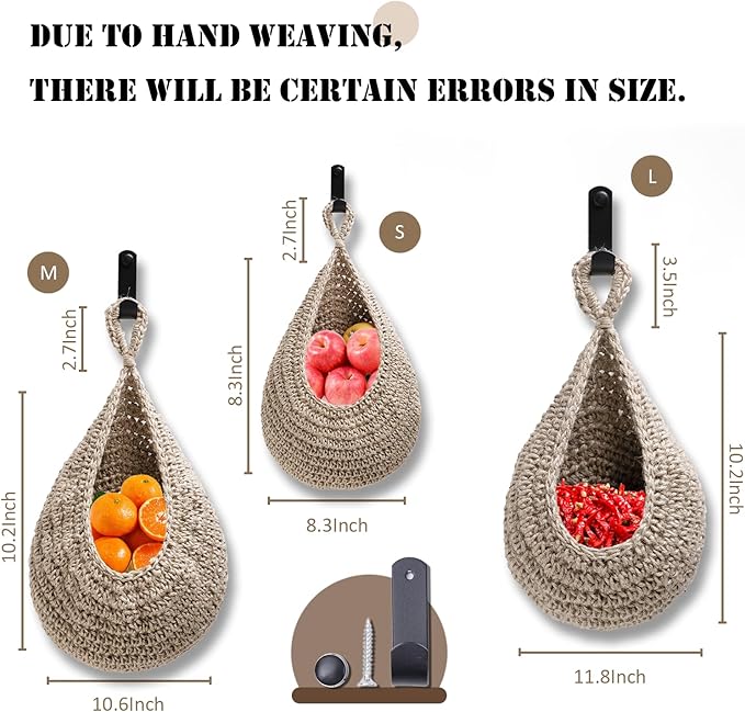 Hanging Fruit Basket Set of 3, Boho Wall Hanging Storage Basket