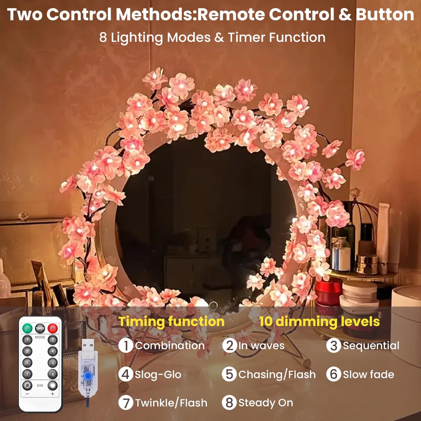 Cherry Blossom Tree Branch Lights for Wall,Cherry Enchanted Willow Vine Lights,with 96 LED and 8 Lighting Modes,Remote Timer,for Bedroom Wall Doors Windows Wedding Christmas Holiday (71inch)