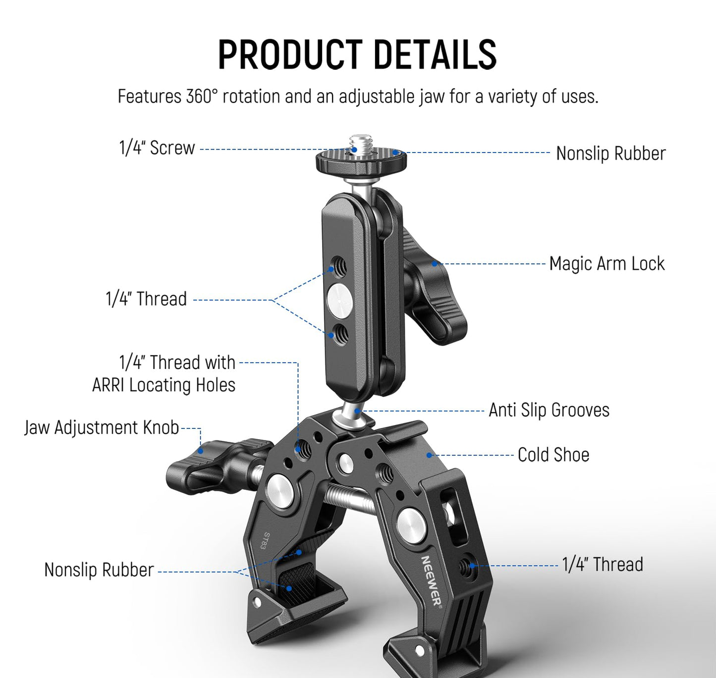 NEEWER Super Clamp with 3" Dual Ballhead Magic Arm, Cold Shoe, 1/4" Threads, Phone/Action Camera Mount Adapter for Desk Tripod Tube Crossbar Gimbal Rods Compatible with SmallRig GoPro DJI, ST83